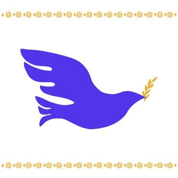 Dove of Peace hand drawn simple emblem. Blue and yellow pigeon with laurel. Stock Illustration