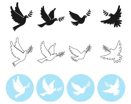 Dove of peace icon set vector flying birds silhouettes branch isolated Ilustração Stock