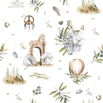 Dove seamless pattern clip art with olive leaves watercolor bird fly flowers Stock Illustration
