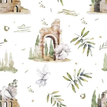 Dove seamless pattern clip art with olive leaves watercolor bird fly flowers Stock Illustration