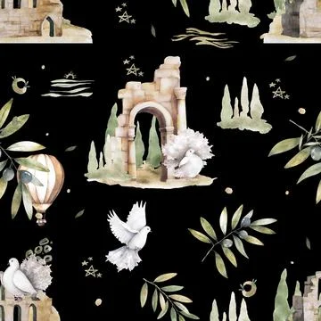 Dove seamless pattern clip art with olive leaves watercolor bird fly flowers Stock Illustration