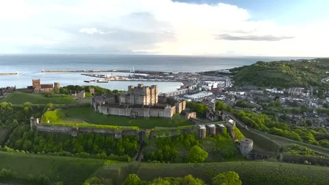 Dover Castle from a drone, White Cliffs, Dover, Kent, England Video stock 335105197