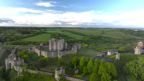 Dover Castle from a drone, White Cliffs, Dover, Kent, England Stock Footage 335105219
