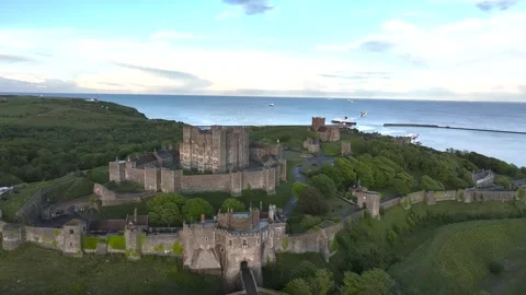 Dover Castle from a drone, White Cliffs, Dover, Kent, England Stock Footage 335105237