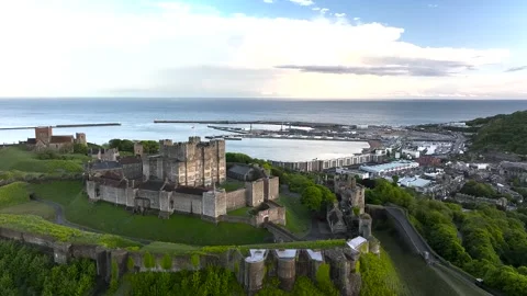 Dover Castle from a drone, White Cliffs, Dover, Kent, England Stock Footage 335105239