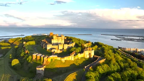 Dover Castle from a drone, White Cliffs, Dover, Kent, England Stock Footage 335105255