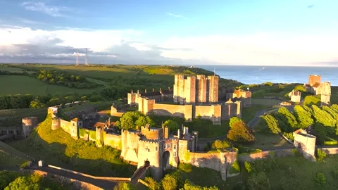 Dover Castle from a drone, White Cliffs, Dover, Kent, England Stock Footage 335105281
