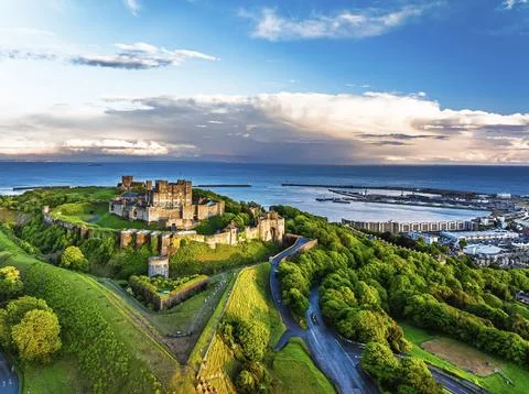 Dover Castle from a drone, White Cliffs, Dover, Kent, England, United Kingdom Stock Photos