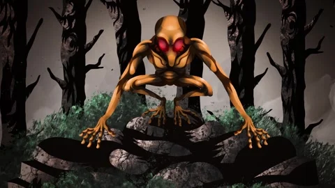 Dover demon alien creature standing in a dark forest 스톡 동영상 342363836