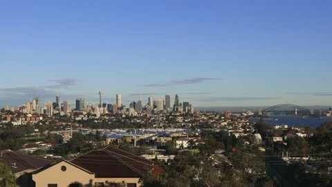 Dover height still view of Sydney city CBD skyline and Harbour bridge in 4k. Stock Footage 136658559