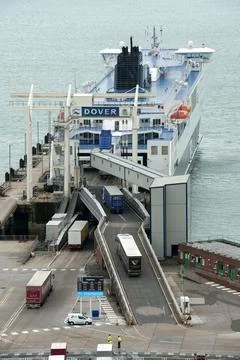 Dover Kent England. .Elevated view of the ferry port. Lorries drive onto a P&amp; 스톡 사진
