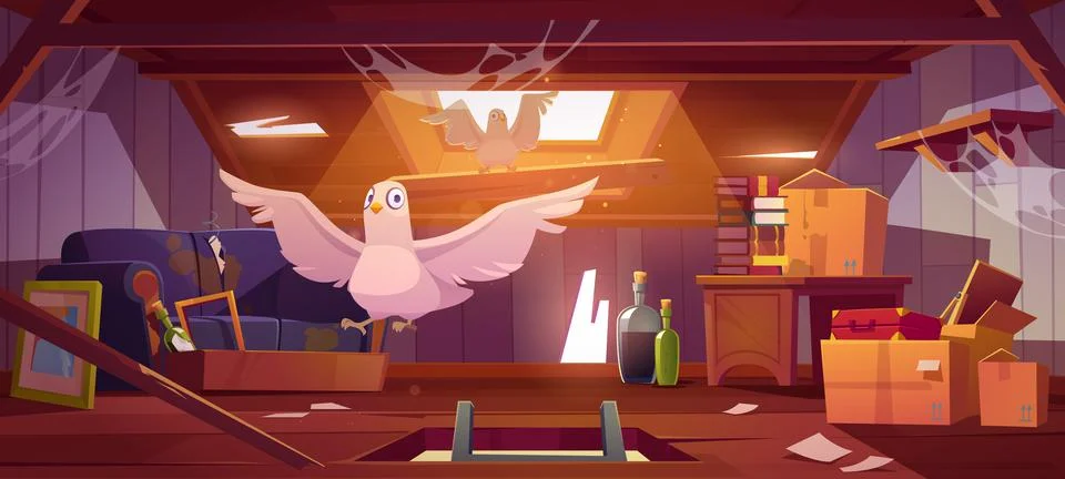 Doves in abandoned attic with old things, ladder Stock Illustration