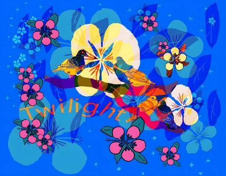Doves against bright blue background with pink, blue and yellow flowers. Stock Illustration