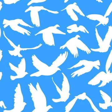 Doves and pigeons seamless pattern on blue background for peace concept and w Stock Illustration