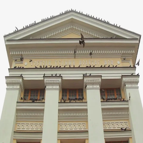 Doves fly and sit on orthodox church facade at foggy town square in Odessa, ua Stock Footage 69484418