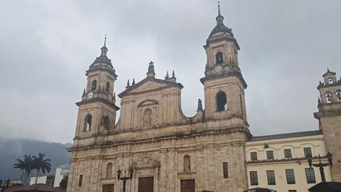 Doves flying in front of the Primate Cathedral of Colombia Stock Footage 309699176