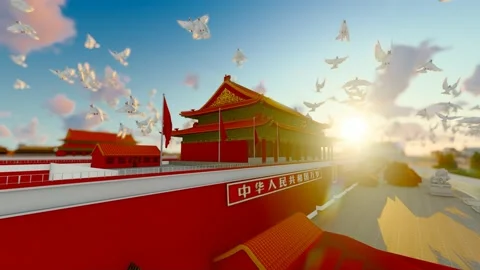 Doves of peace fly over Beijing Tiananmen Square on National Day Stock Footage 198990341