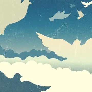 Doves in summer sky with clouds. vector Stock Illustration