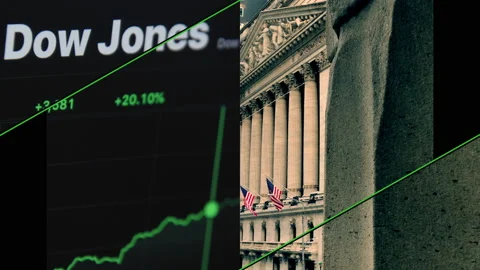 Dow Jones goes up, split screen with New York Stock Exchange. Stock Footage 145381248