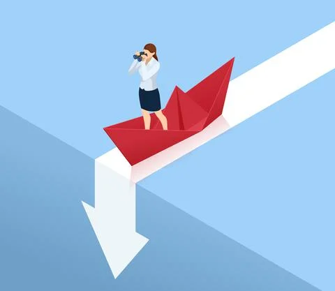 Down arrow chart and business woman having money troubles. Misdirection in Stock Illustration