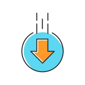 Down arrow in circle blue and orange RGB color icon. Moving arrowhead in roun Stock Illustration