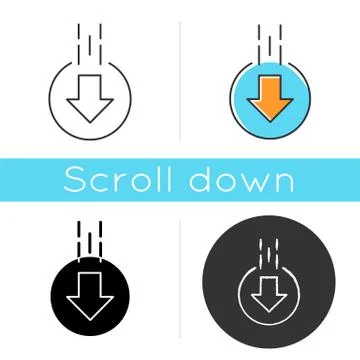 Down arrow in circle icon. Moving arrowhead in round shape. Mobile app page b Illustrazione stock