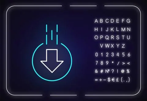 Down arrow in circle neon light icon. Moving arrowhead in round shape. Scroll Stock Illustration