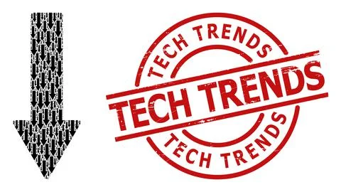 Down Arrow Icon Fractal Composition and Scratched Tech Trends Badge Stock Illustration