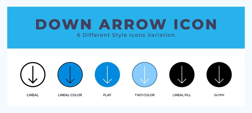 Down arrow icon symbol set. outline. glyph black. flat color and filled lin.. Stock Illustration