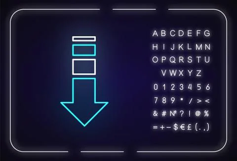 Down arrow neon light icon. Internet page browsing, website pointer. Way dire Illustrazione stock