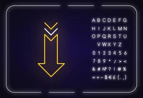 Down arrow neon light icon. Scrolldown gesture, interface navigational button Stock Illustration