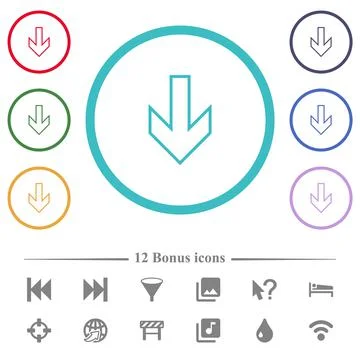 Down arrow outline flat color icons in circle shape outlines Illustrazione stock