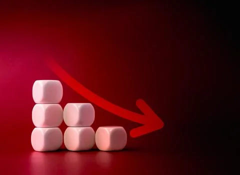 Down arrow on white dice blocks stacked, decrease business graph down step,.. 스톡 사진
