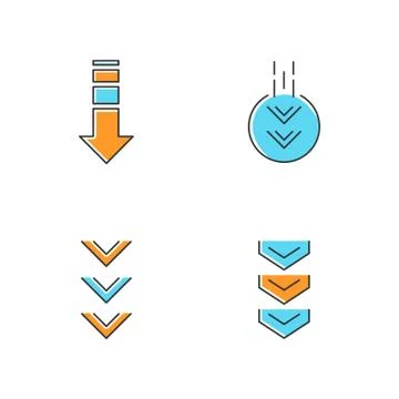 Down arrows blue and orange RGB color icons set. Double arrowhead in circle.  Stock Illustration
