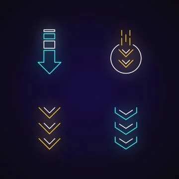 Down arrows neon light icons set. Double arrowhead in circle. Scrolldown butt Stock Illustration