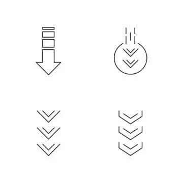 Down arrows pixel perfect linear icons set. Double arrowhead in circle. Scrol Stock Illustration