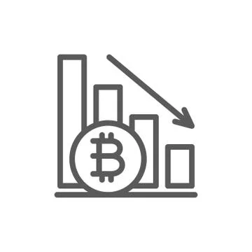 Down graph, bitcoin coin, cryptocurrency line icon. Stockillustratie
