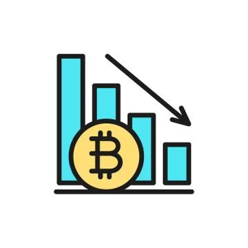 Down graph, bitcoin coin, cryptocurrency flat color icon. Illustrazione stock