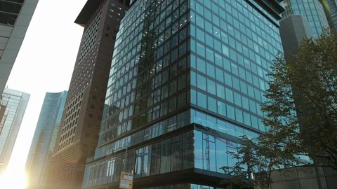 Down to high view used to measure height of this tall building in Frankfurt. Stock Footage 121659429
