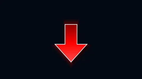 Down indicator arrow pointing downwards with red glow on dark background for Stock Footage 345575949