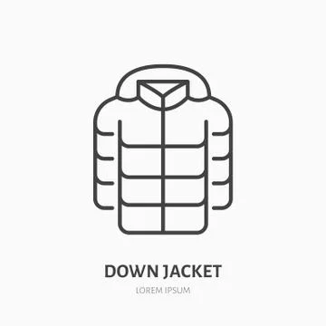 Down jacket flat line icon. Cold weather clothing sign. Thin linear logo for Stock-Illustration
