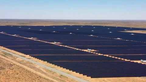 Down to outback red soil at solar panels power plant in Broken hill – 4k. Stock Footage 168164546