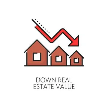 Down real estate value line icon, houses and graph Stock Illustration