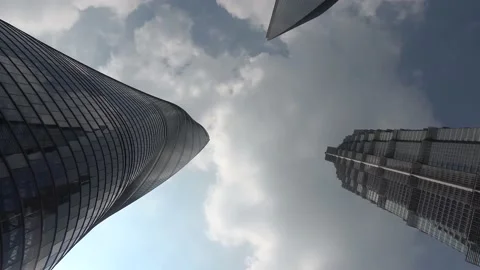 Down top time lapse view of downtown Shanghai three skyscrapers 4k Stock Footage 147485426