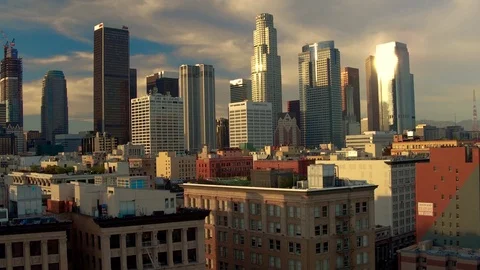 Down Town Los Angeles Sun set boom pull up Aerial Drone Stock Footage 76505107