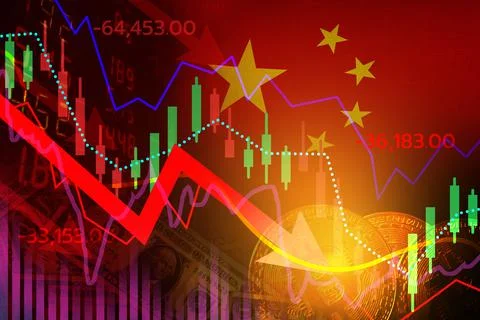 Down trend arrow line chart bitcons in china Ilustración de archivo