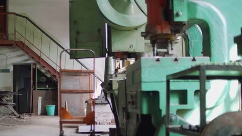 Down view of outdated workshop while camera movement Stockbeeldmateriaal 95881702