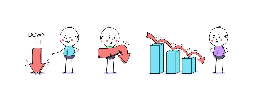 Downfall chart and downward arrow movement. Cartoon doodle man, cute people.  Stock Illustration
