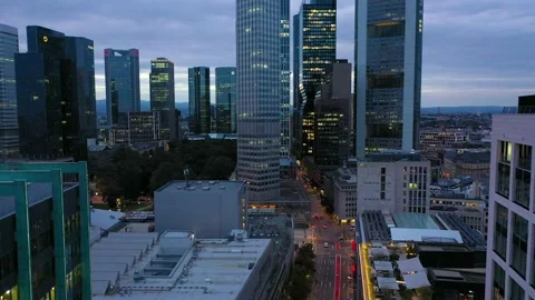 Downhill Flight through Frankfurt am Main, Germany Skyline New Skyscrapers Stock Footage 239352018