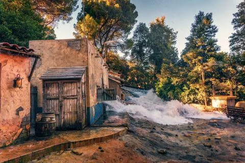 Downhill flood effect shown during Studio Tour in Universal Studios Hollywood Stock Photos